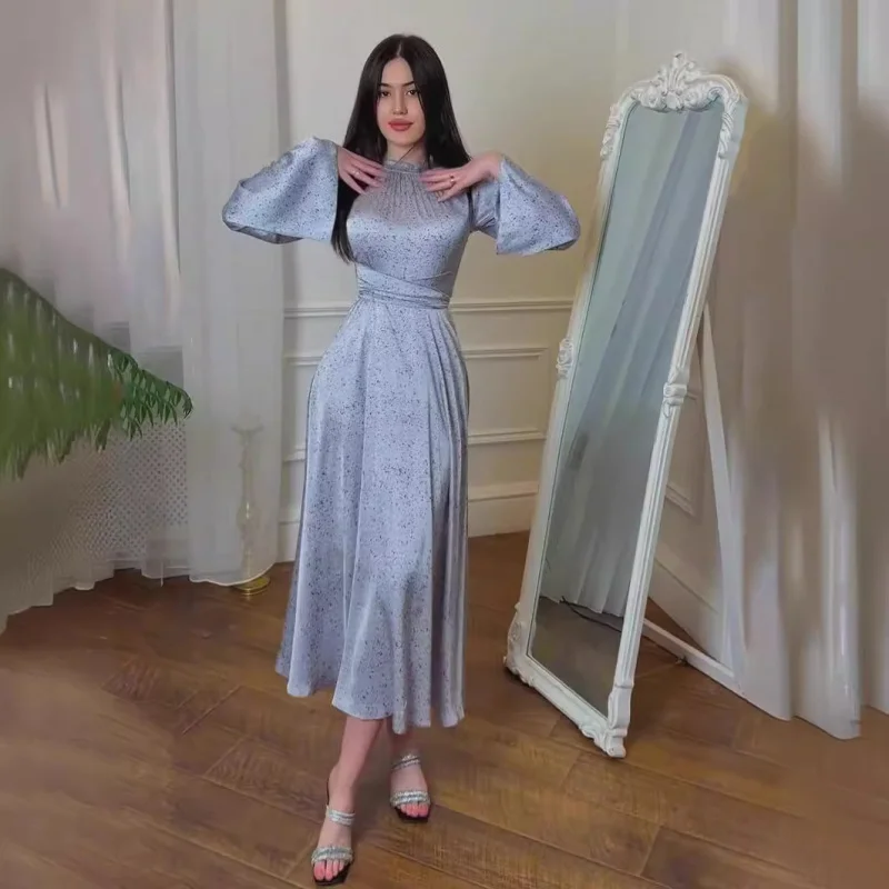 

Spring Gentle Style Lace-Up Satin Printed Ladylike Long Dress