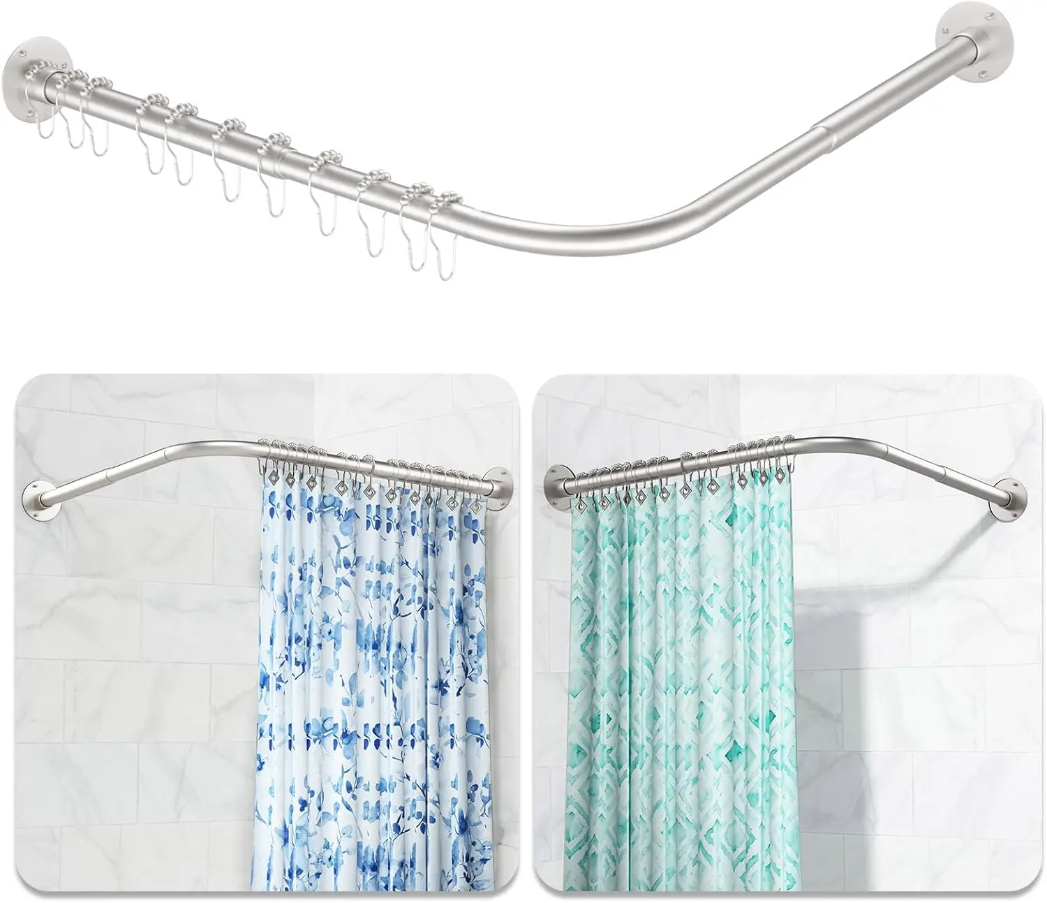 

L Shaped Shower Curtain Rod, [39"-53"] x [71"-85"] Adjustable Corner Shower Curtain Rod, No Sagging Silver Corner Shower Rod