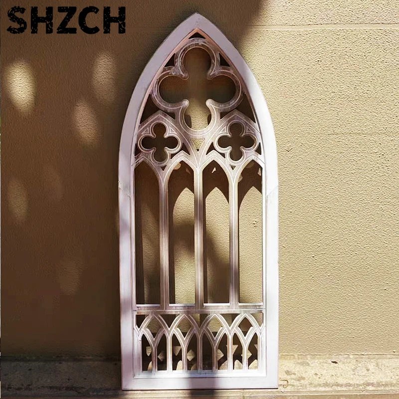 Gothic Cathedral Window Wal/l Decor, Vintage Wood Frame, 35.4 x 15 inches, Antique White