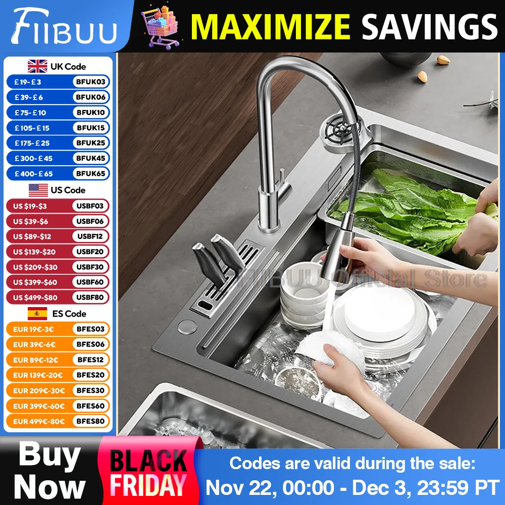 Large Capacity 304 Stainless Steel Kitchen Sink Multifunctional Single Bowl Vegetable Workstation Wash/Cut/Drain in One Full Set