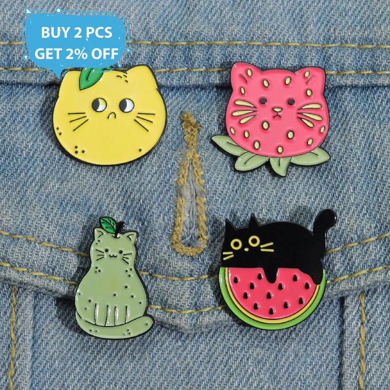 Fruit Cat Enamel Pins Custom Brooches Lapel Badges Strawberry Watermelon Pear Cat Funny Jewelry Gift for Kids Friends