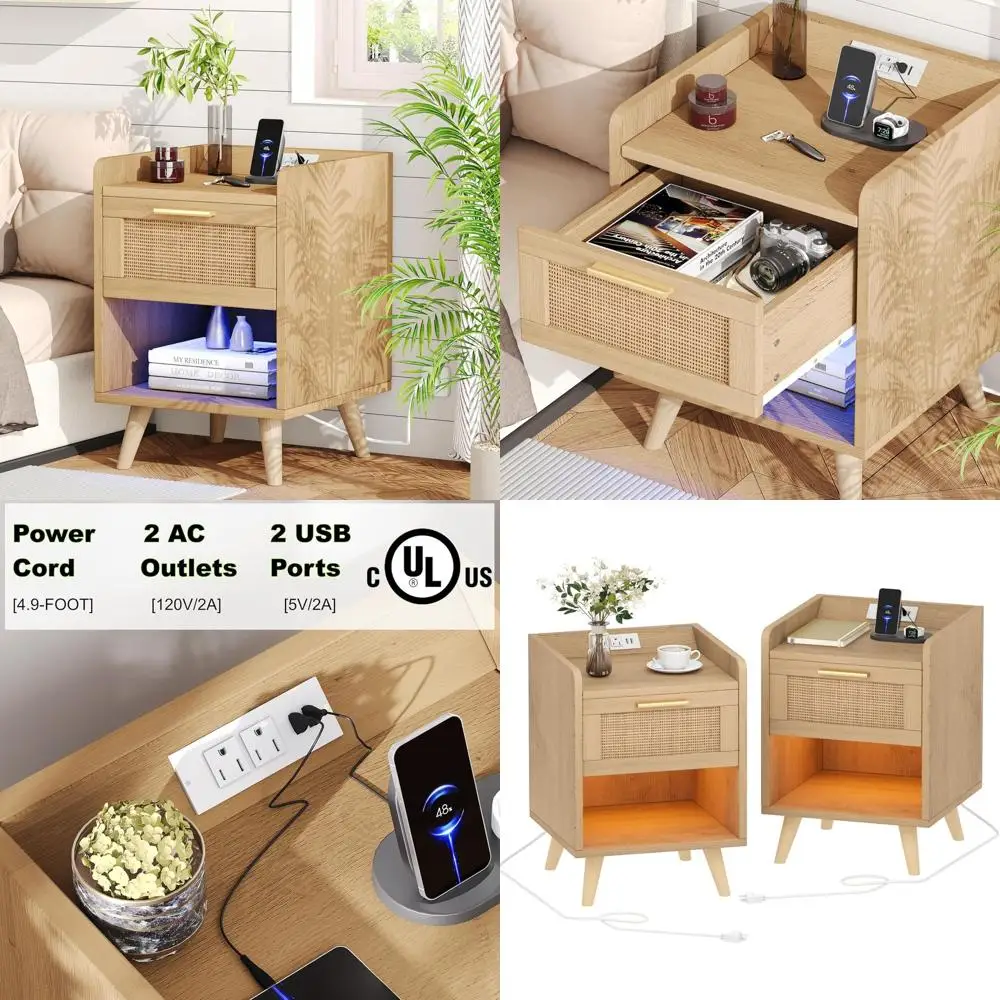 

Пара прикроватных тумбочек в стиле бохо с зарядкой и светодиодной подсветкой, ящиками из ротанга, металлическими ручками, ножками из натурального дерева для спален и взрослых.