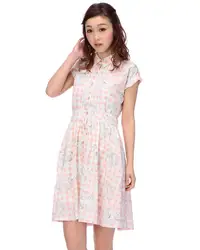 Japan Liz Lisa Cotton Plaid Flower Printed Belt Short Sleeve Shirt Dresses