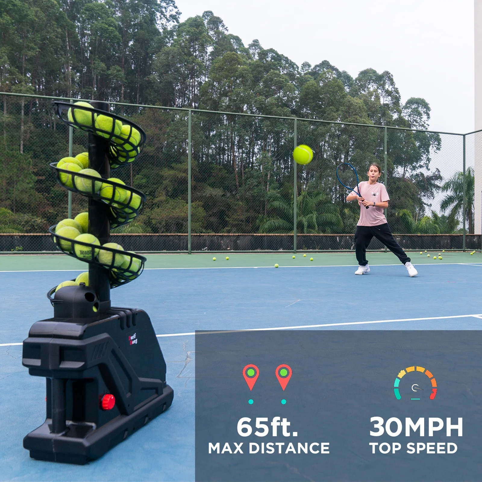 Furlihong 3809BH Tennis Ball Machine, Max 30 MPH, Adjustable launcing Angle and Interval, Stepless Speed Switch