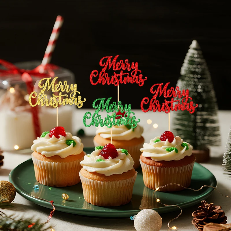YOMDID 24 Stück Frohe Weihnachten Cupcake Topper für Weihnachten Kuchen Topper Picks Weihnachten Neujahr Kuchen Dekorationen Party Supplies – Detail 10