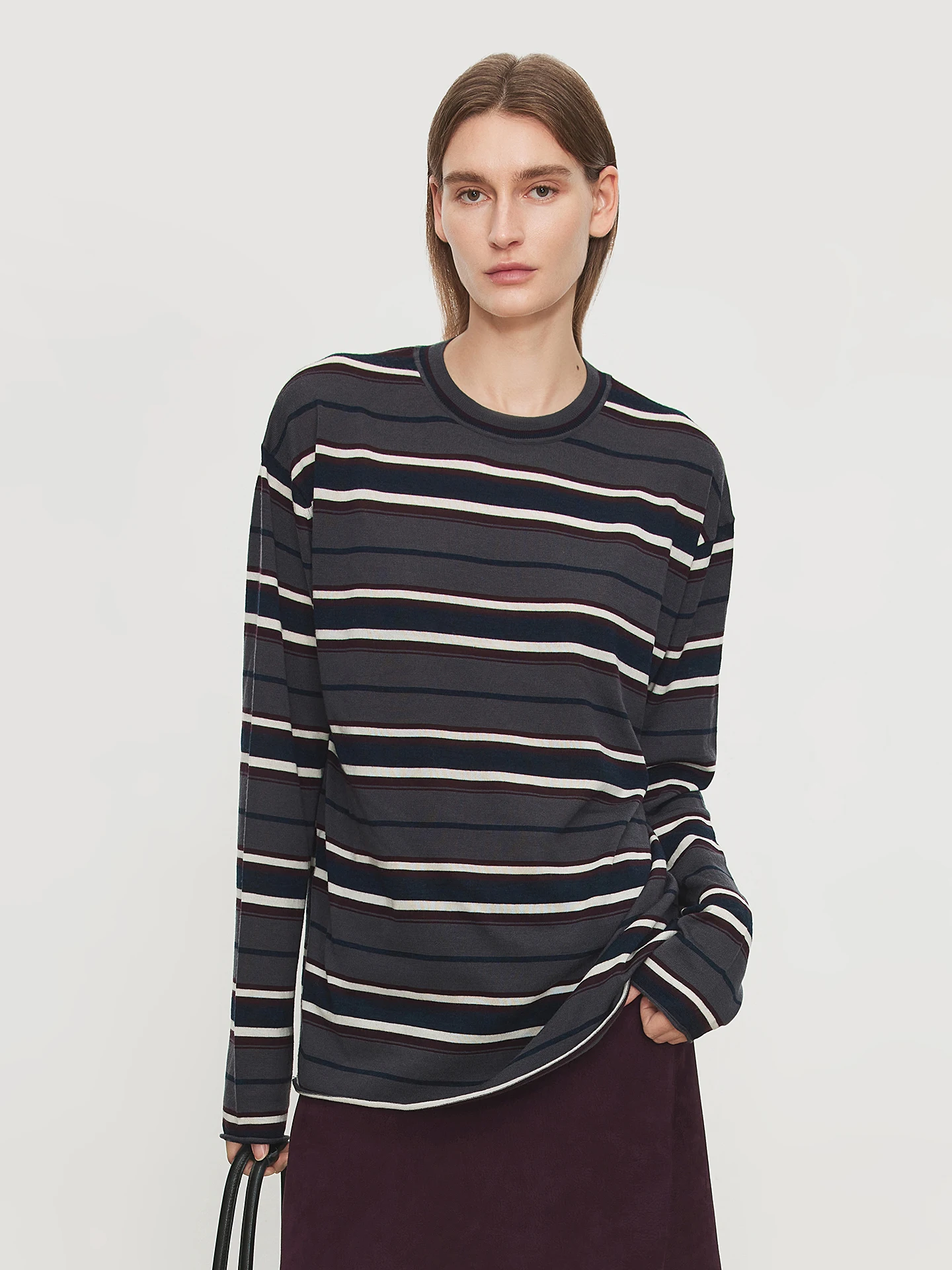 

Ultra-Thin Lightweight 20S Yangzhou Wool Vintage Stripes Small Silhouette Top CHICJOC Color Stripe Air T Knitted Sweater