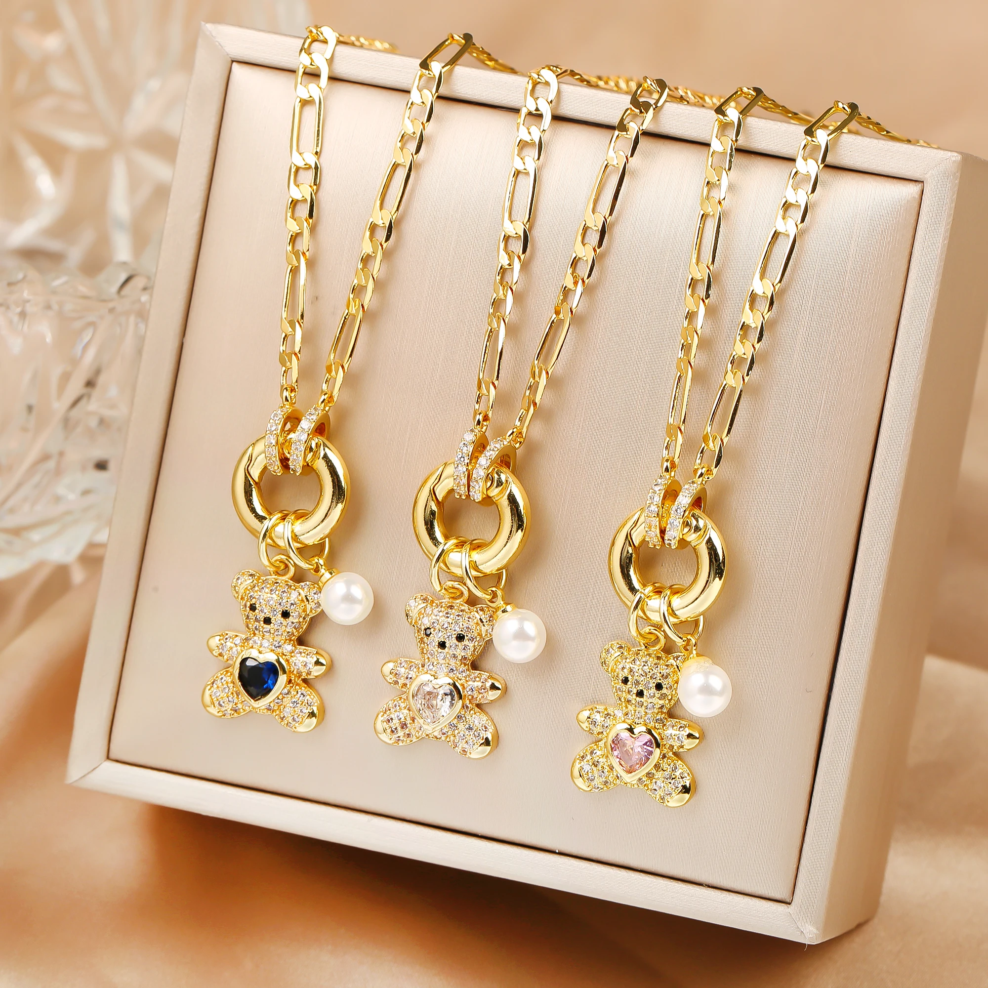 Image of Hohe Qualität Glänzende Kristall Zirkonia Tier Niedlichen Bären Anhänger Halskette Halsband für Frau Mädchen Urlaub Schloss Knochen Kette Schmuck Geschenk