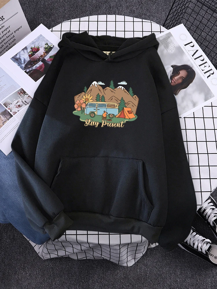 Take A Bus To Go Camping Around The Mountain Area  Hoodies Womens Crewneck Pullover Cartoons Hip Hop Sweatshirt Casual Hoody