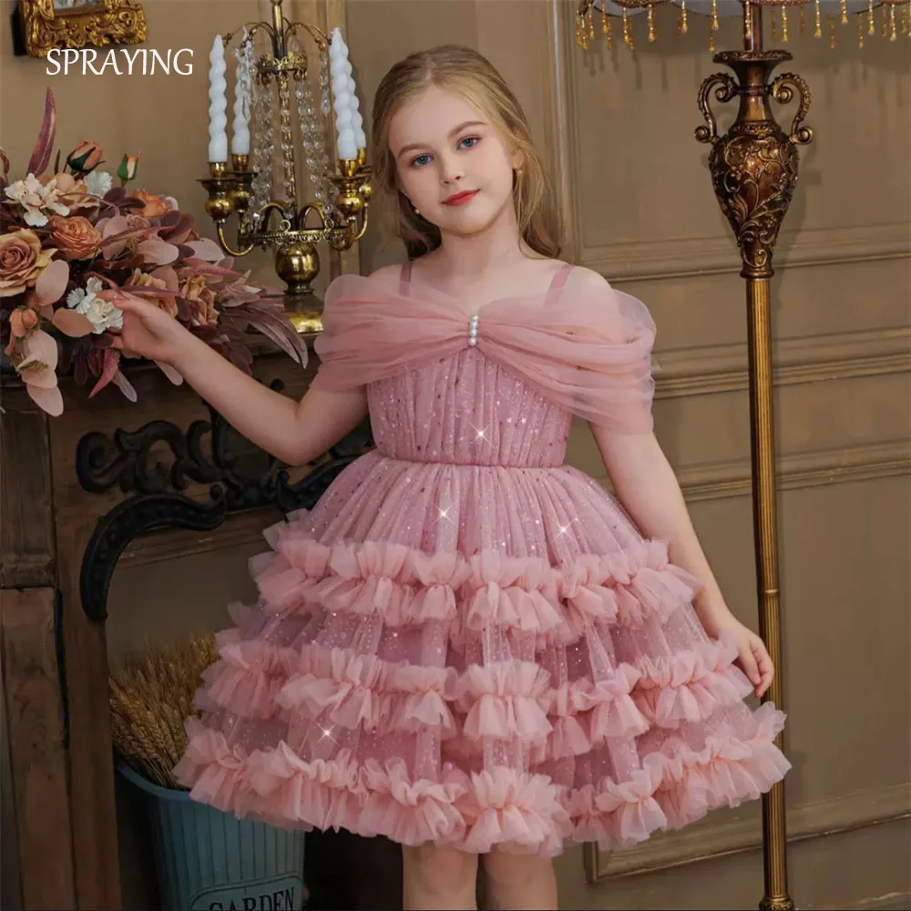 SPRAYING Princess Sparkly Tulle Tiered Mini Girl Dress Off the Shoulder Short Children Wedding Prom Gown Birthday Gown Customize