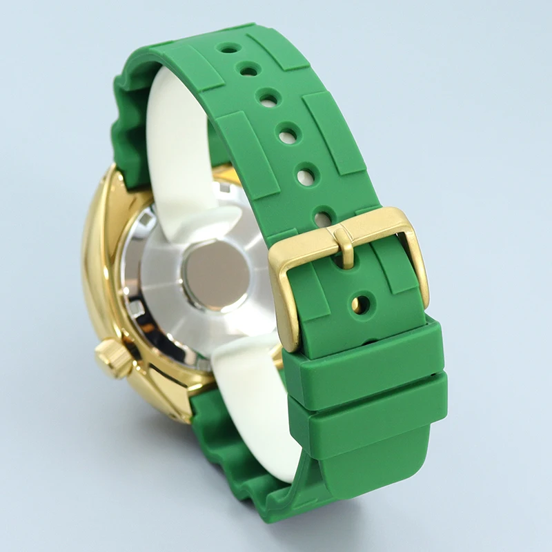 Funda de reloj 009 dorada, correa de goma verde, zafiro, compatible con atún, Tortuga, Seiko, NH35, NH36/38, movimiento, anillo de sección azul, esfera de 28,5mm