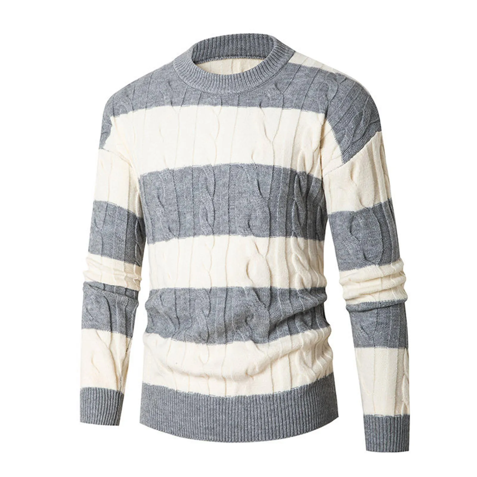 

Men's Pullover Autumn Winter Fashion New Round Neck Striped Casual Knitted Bottom Sweater Thick Warm Long Sleeve Loose Clothing