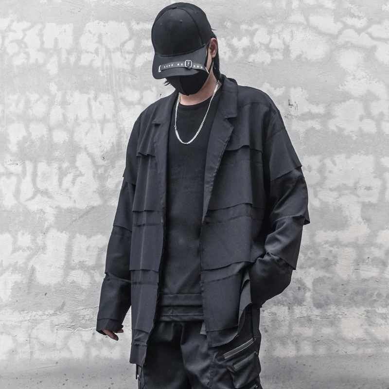 Unique Personality Patchwork Design Dark Style Autumn Trend Loose Men's Suit Jacket Vintage Open Cardigan Casual Long Sleeve
