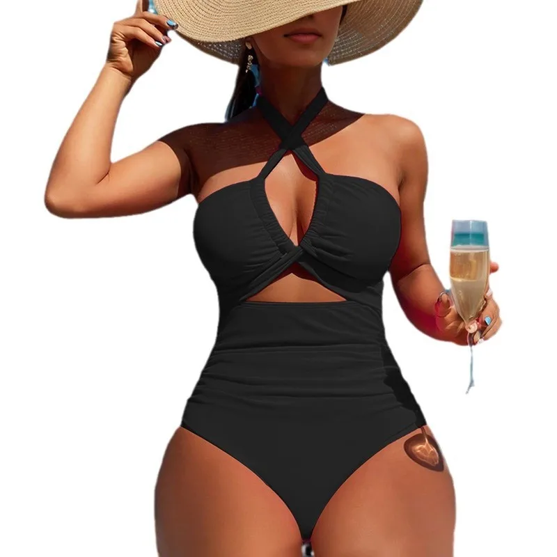 2024 Jednokolorowy seksowny jednoczęściowy damski strój kąpielowy bikini z wysoką talią