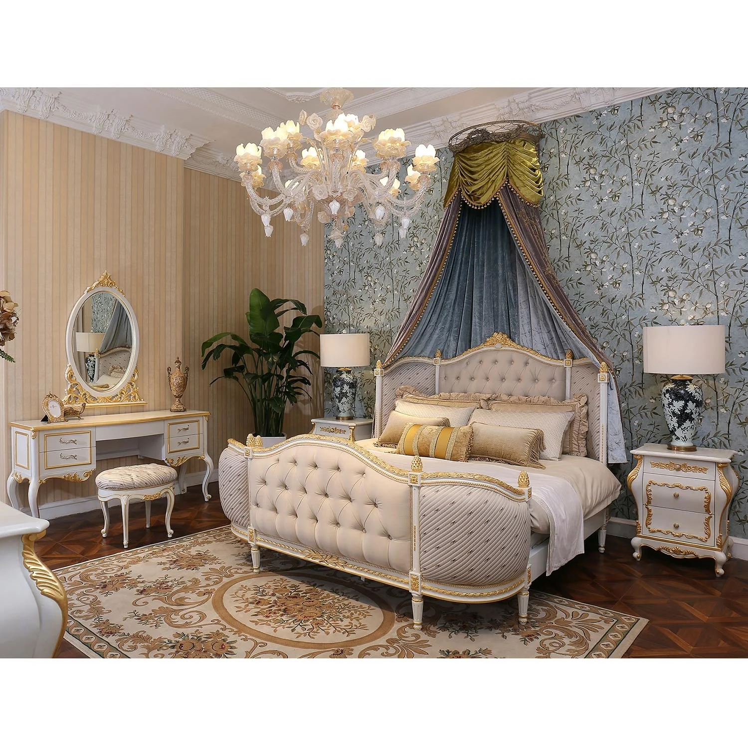 Luxury French classic antique Rococo design solid wood bedroom furniture up-holstered wooden bed