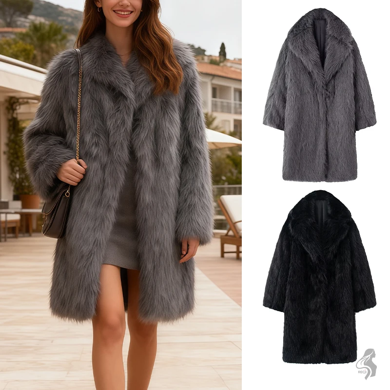 

Женское модное пальто средней длины из искусственного меха с воротником с лацканами, плюшевое искусственное меховое свободное теплое универсальное пальто, необходимо иметь на осень и зиму