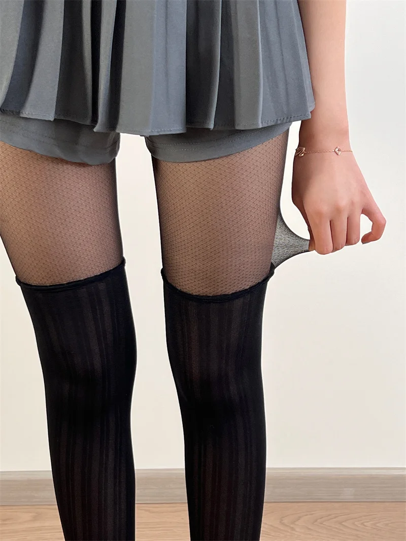 

Pantyhose for Women Korean Style Fake High Tube Spliced Black Silk Dark Pattern Grid Ultra-thin Stockings Versatile All Seasons
