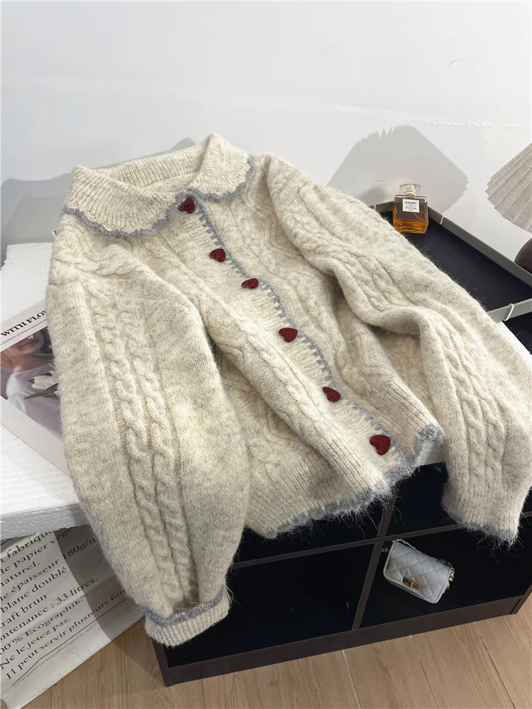 

Retro Heart Button Doll Collar Cardigan Jacket Women's Single Breasted Jumpers for Autumn and Winter Loose Knit Sweater