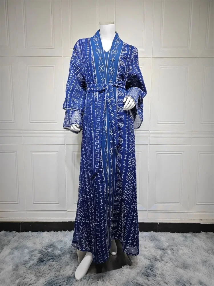 Ramadan Muslim Mesh Stripe Embroidery Abaya Two Piece Set Dubai Stylish Maxi Dress Belt included Double-Layer Sleeve