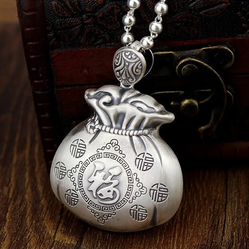 

925 silver glossy Chinese style copper coins Fu character pendant men's retro necklace charms keel chain jewelry gift
