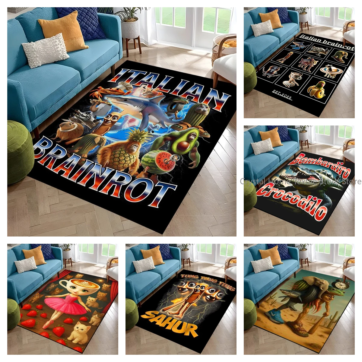 

Funny Virtual Italian Brainrot Printed Carpet Large Floor Mat for Bedroom and Gaming Room Modern Rug for Trendy Home Decor Gift