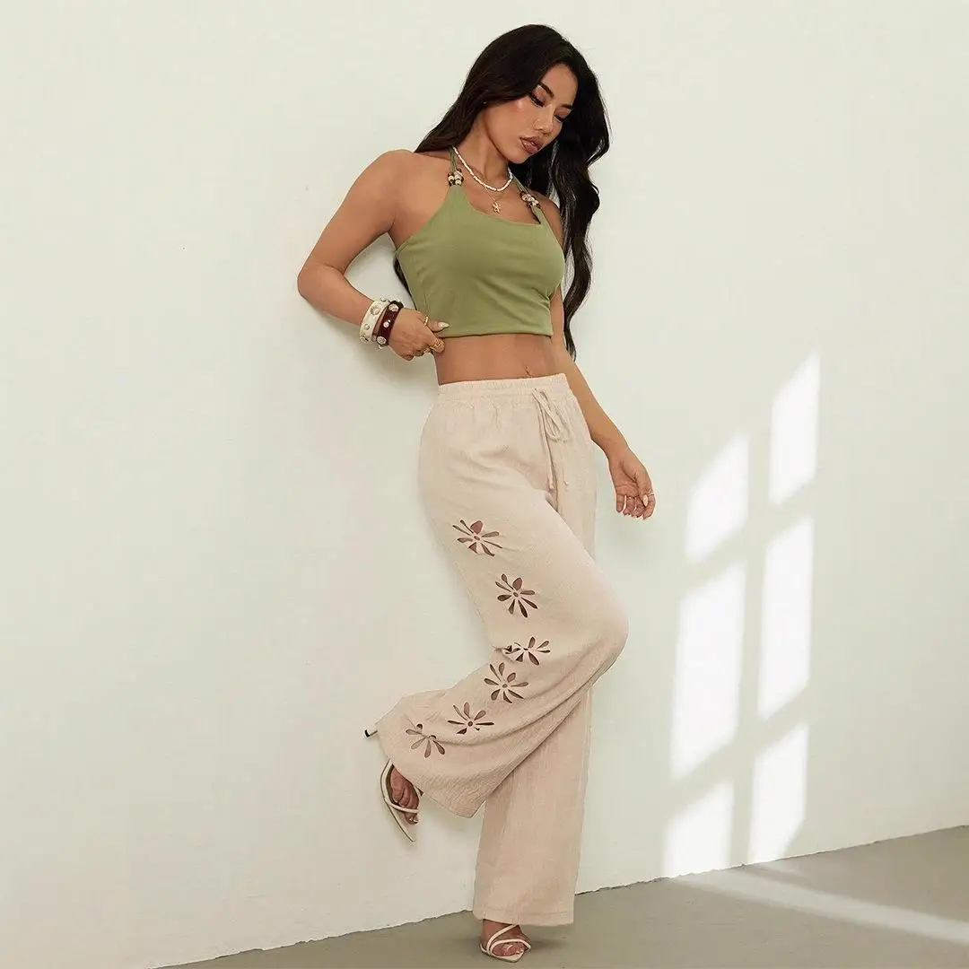 Fashionable High Waist Hollow out  Color Casual Pants 2026 New Cross-Border Style Wide Leg Trousers for Women