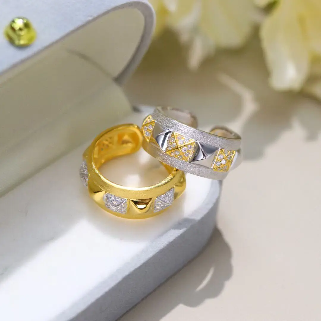 Unique Two-Tones 925 Silver Geometric Square Open Ring Exquisite Genderless Italian Style Statement Chunky Band Men Jewelry Gift