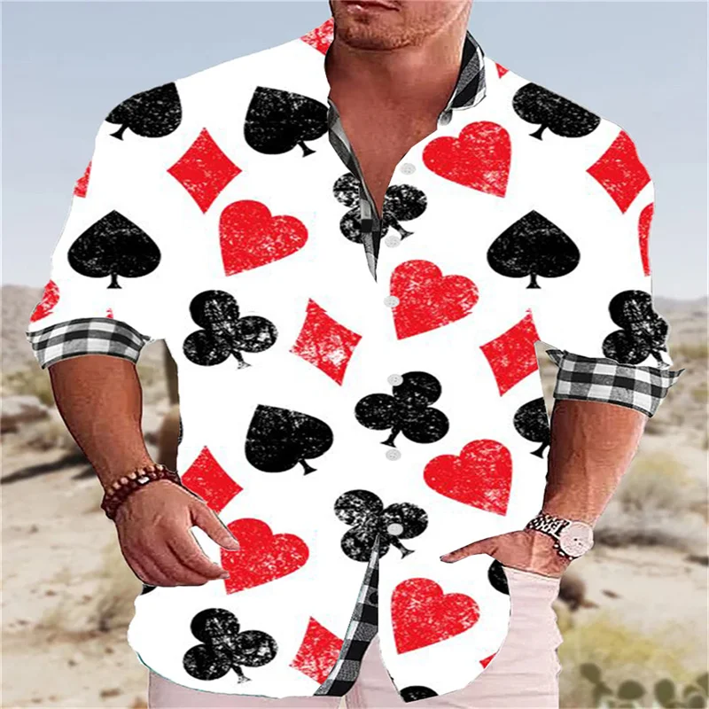 

Retro 2024 Men's Shirt Playing Cards Hearts Spades 3D Printed Lapel Long Sleeve Outdoor Street Fashion Dress Designer Casual