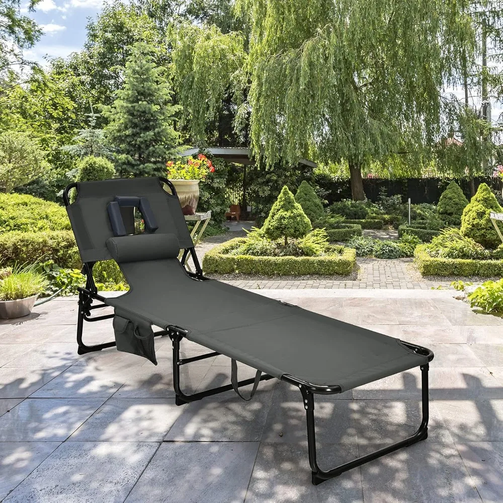 

Adjustable Tanning Chair Foldable Face Arm Hole Side Pocket Pillow Patio Poolside Lawn Lounge Gray Custom
