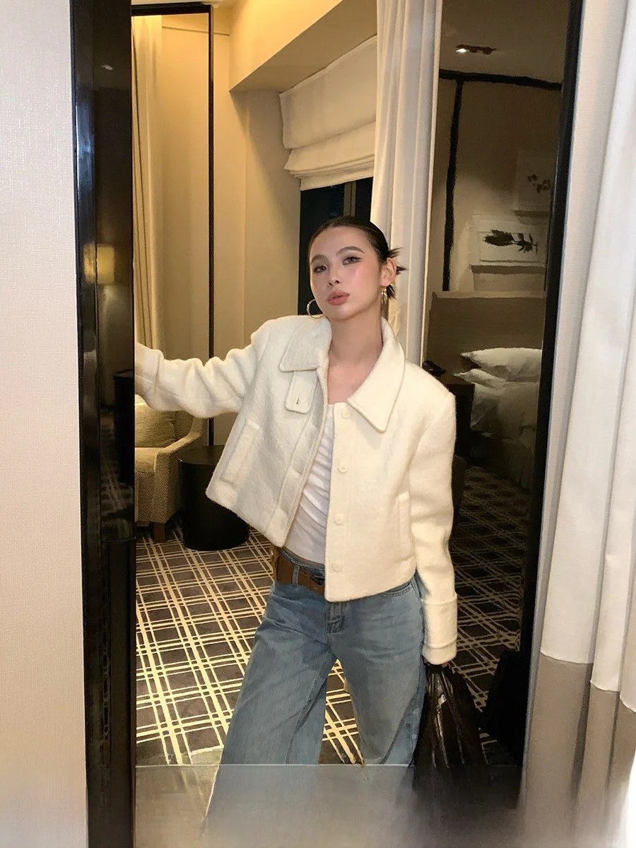 

Chic White ort Coat Women's Autumn Winter Faionable Versatile Top Button up Long Sve Flip Collar Jaet Cool Sle