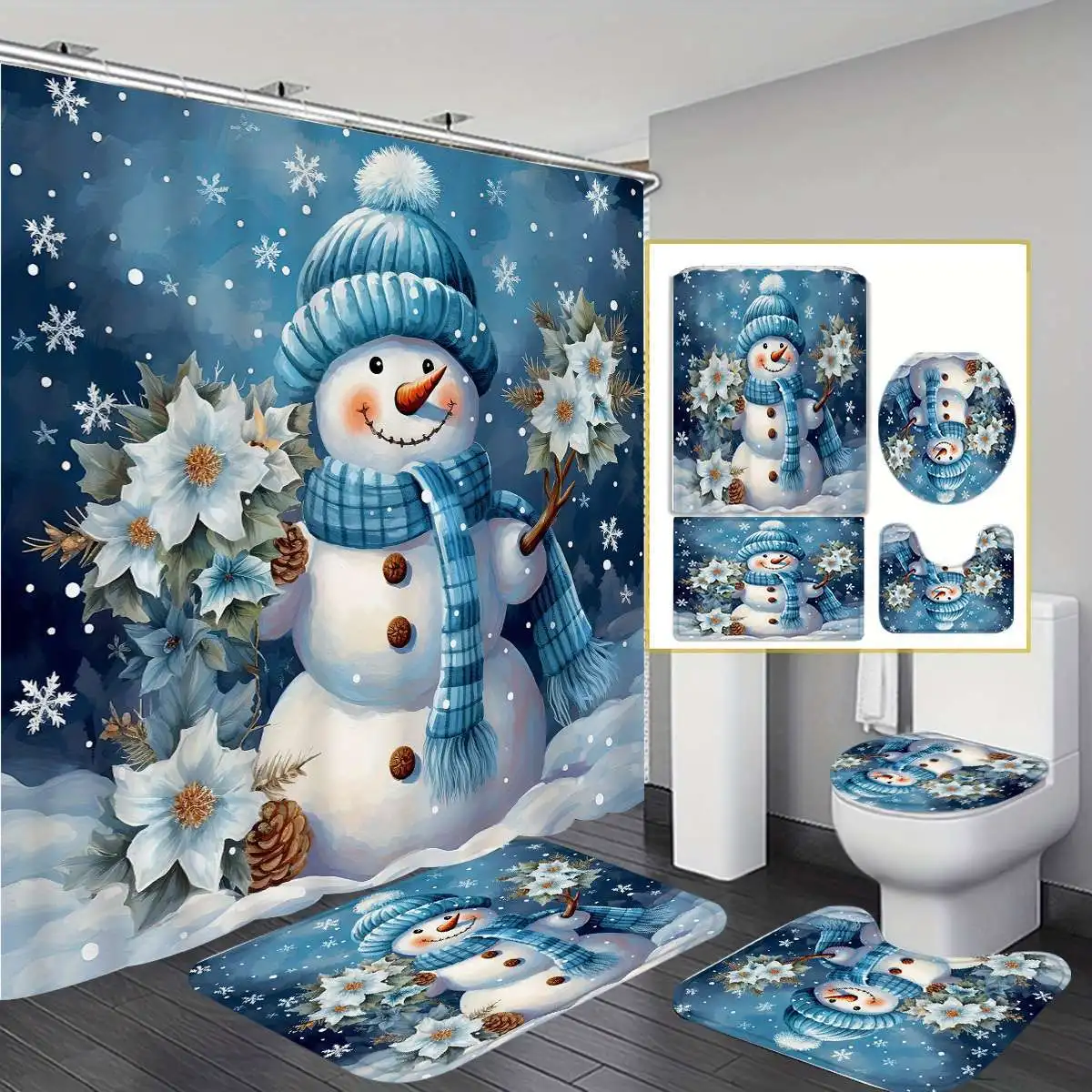 

Christmas Snowman Bathroom Decor Set with Waterproof Knit Polyester Bath Curtain, Non-Slip Mat, Toilet Lid Cover, U-Shaped Rug,