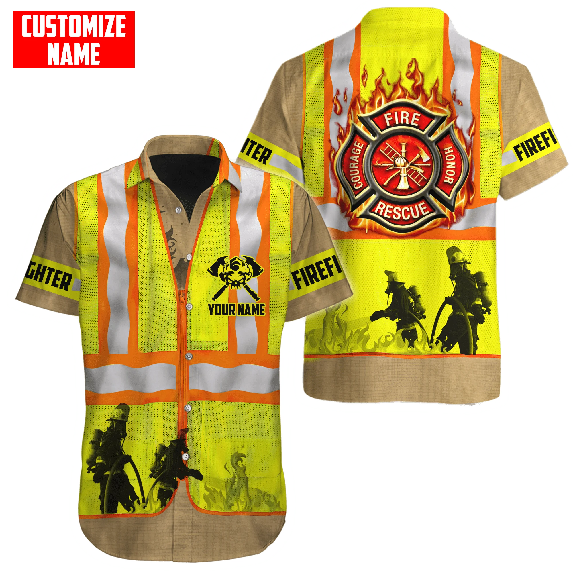 Hawaiian beach summer Short sleeve shirt Customize Name Brave Firefighter 3D Printed Mens Shirt Casual Harajuku Tee shirts DXC01