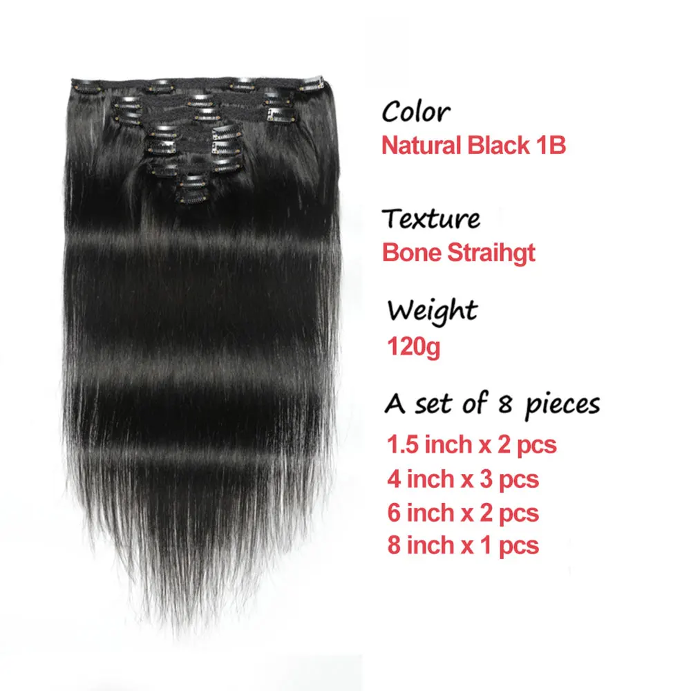 Megeen-滑らかなヘアエクステンション,天然の人間の髪の毛,黒,120g,フルヘッド,シームレス,1bにクリップ,8個