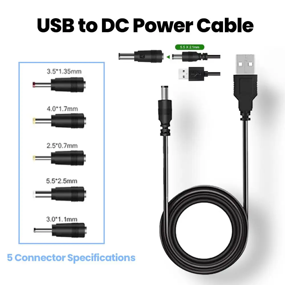 Cable de alimentación 5 en 1 USB a 5V CC Cable de carga Jack de 5,5*2,5mm con 5 conectores seleccionables Cable de alimentación Universal para TV Box