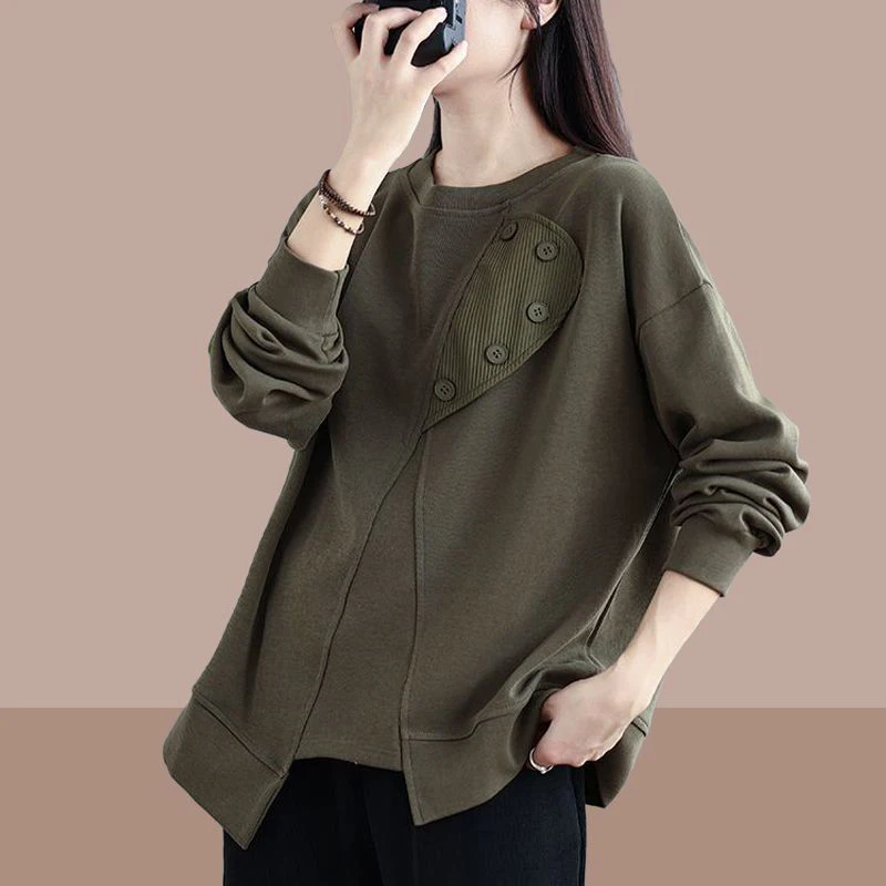 

Women's Irregular Long Sleeve Sweatshirt 2026 Spring New Vintage Loose Tunic Top Casual Button Decor Blouse Trend Daily Wear
