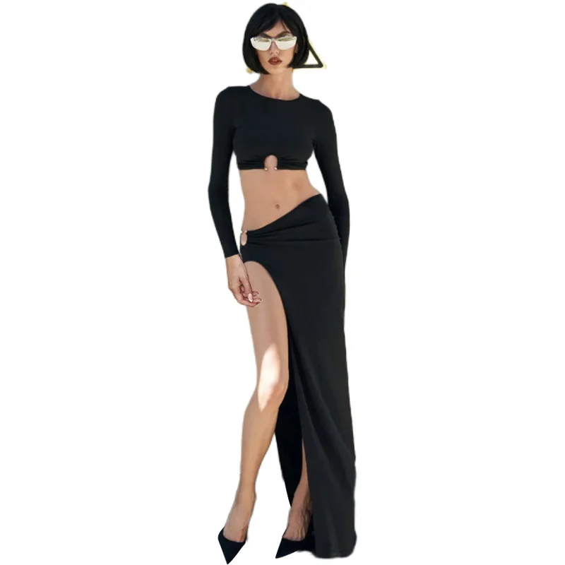 الخريف والشتاء الملابس النسائية 2025 جديد شخصية الجولة الرقبة سليم المناسب طويلة الأكمام تي شيرت مثير عالية سبليت تنورة مجموعة