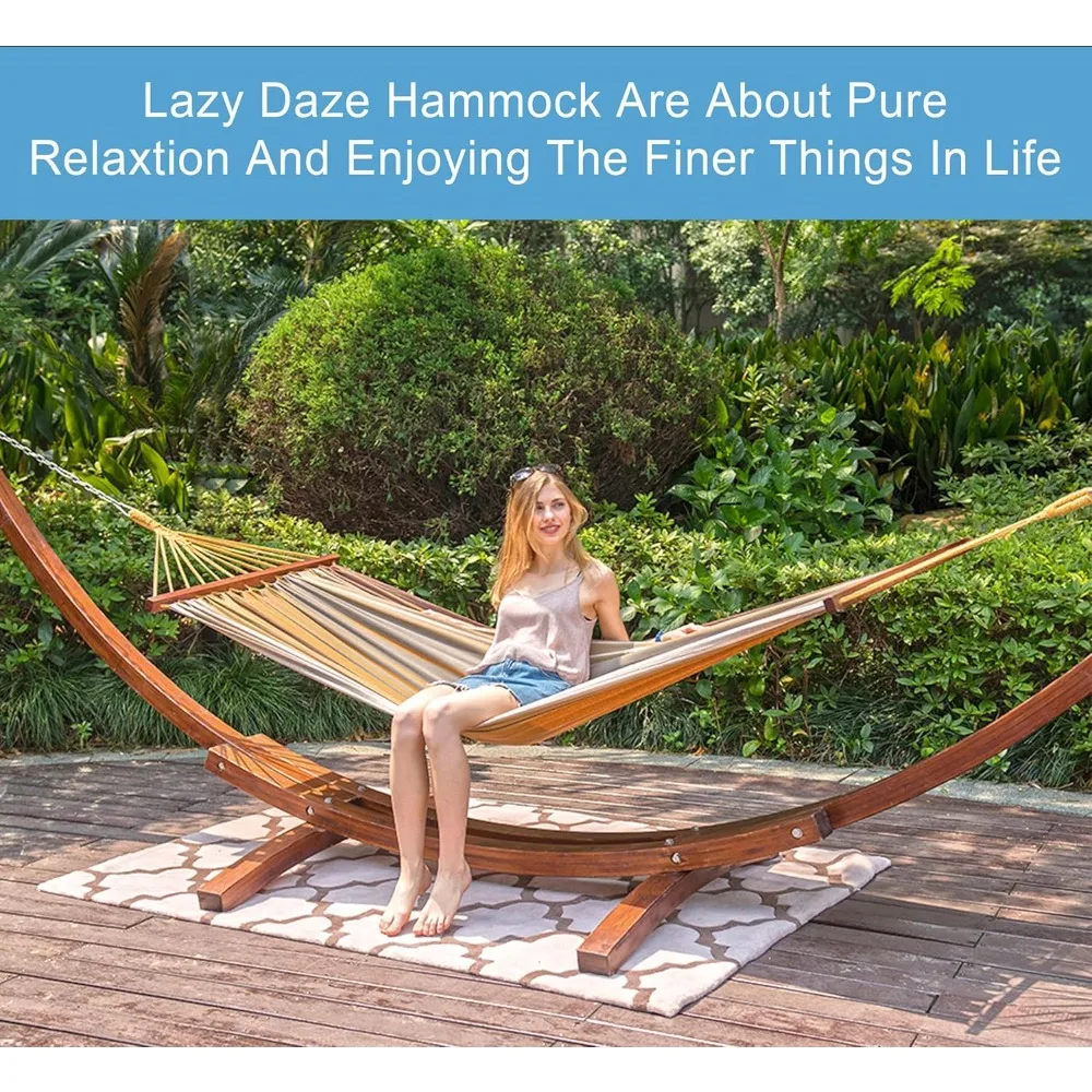 

Cotton Fabric Spreader Bar Hammock and 10.5 Ft Wood Arc Hammock Stand Combo, for Indoor, Outdoor, Patio, Garden, Backyard
