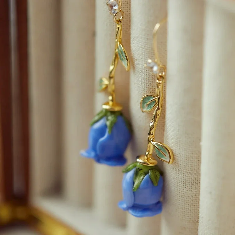 

Blue Rose Retro Gentle Exquisite Royalblue Rose Sapphire Blue Small and Unconventional Glass Charm Hanging Earrings Leaf Enamel