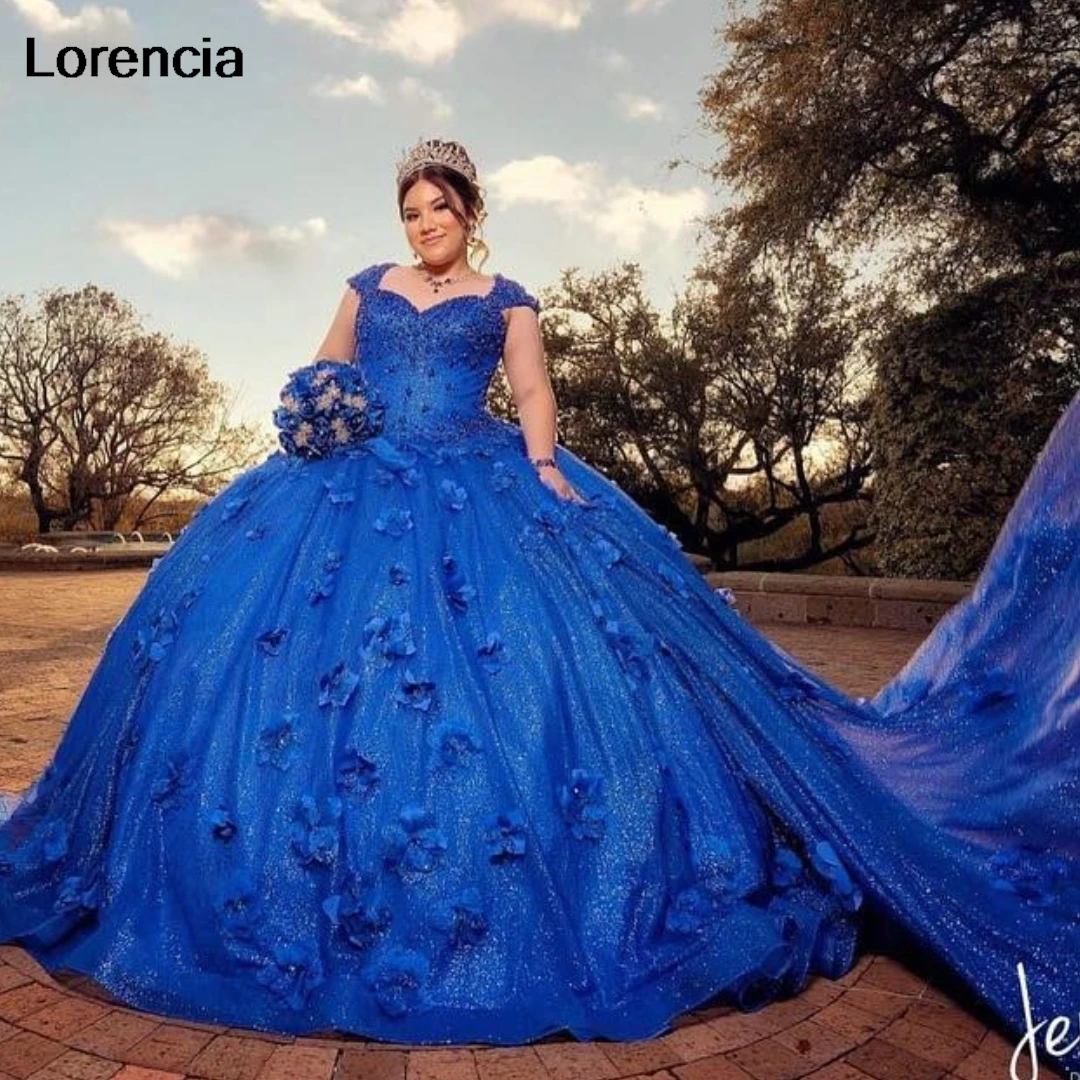 

Lorencia Mexico Royal Blue Quinceanera Dress Ball Gown Lace Applique Beaded With Cape Corset Sweet 16 Vestidos De 15 Años YQD859