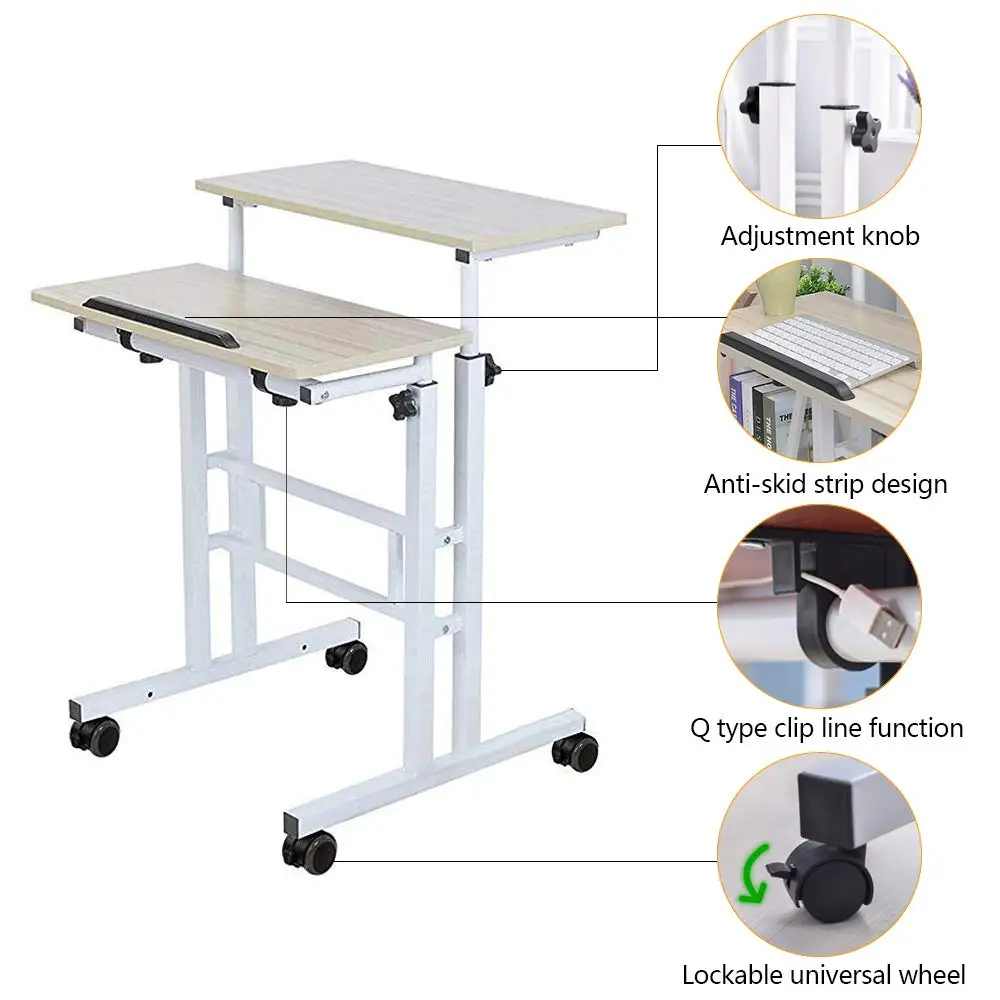 Height Adjustable Mobile Standing Desk with Wheels, Tiltable Panel, 2 Modes Workstation, Customized