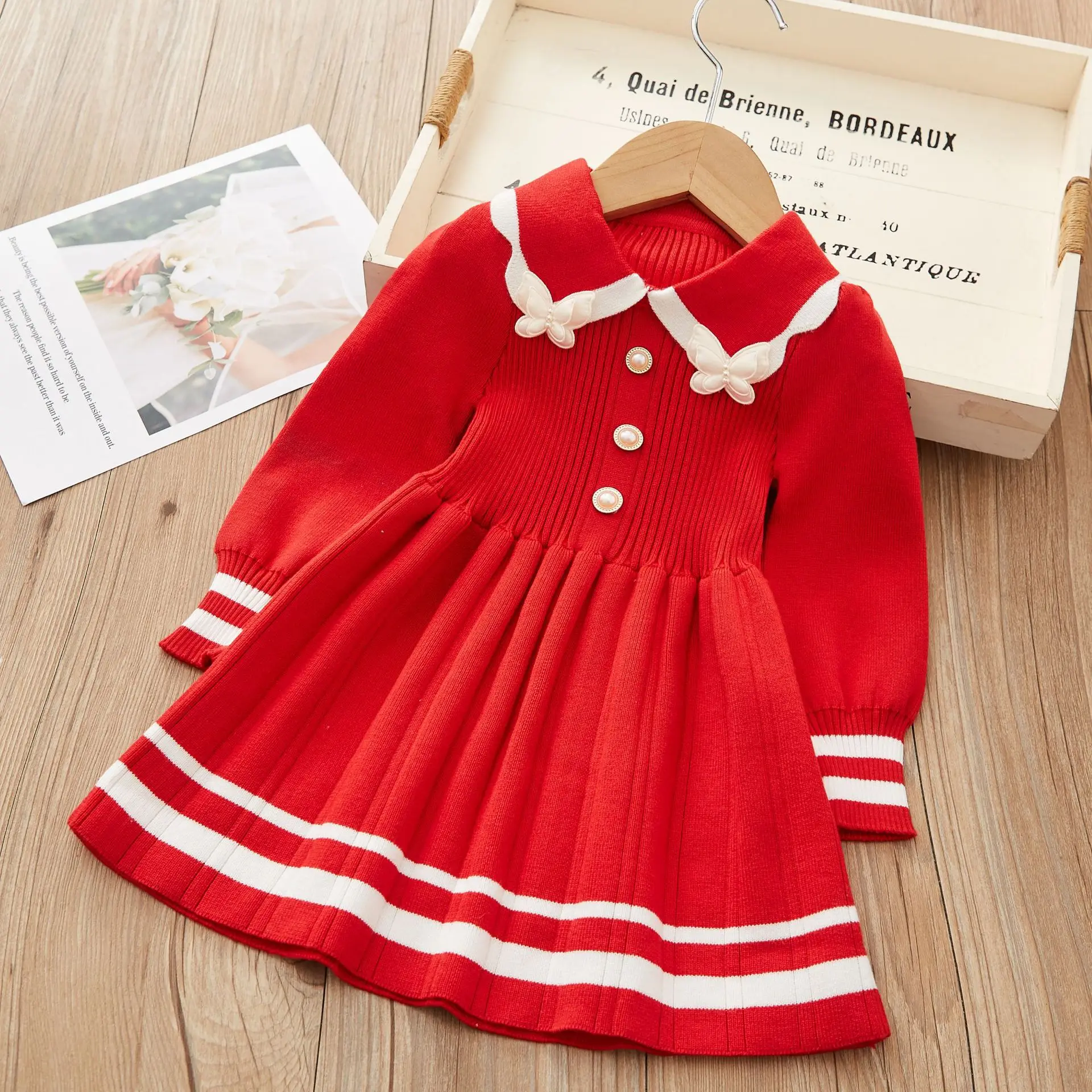 Korean Autumn/Winter Knitted Cute Dress Girl Striped Butterfly Applique Pearl Button Warm Sweater Long Sleeve Knitted Skirt 2-6Y