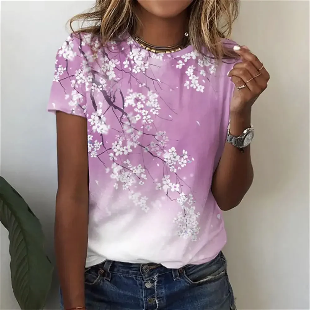 Camiseta floral 3D feminina com estampa, mangas curtas, camisetas na moda, roupas soltas, tops grandes, roupas Y2K, verão, novo