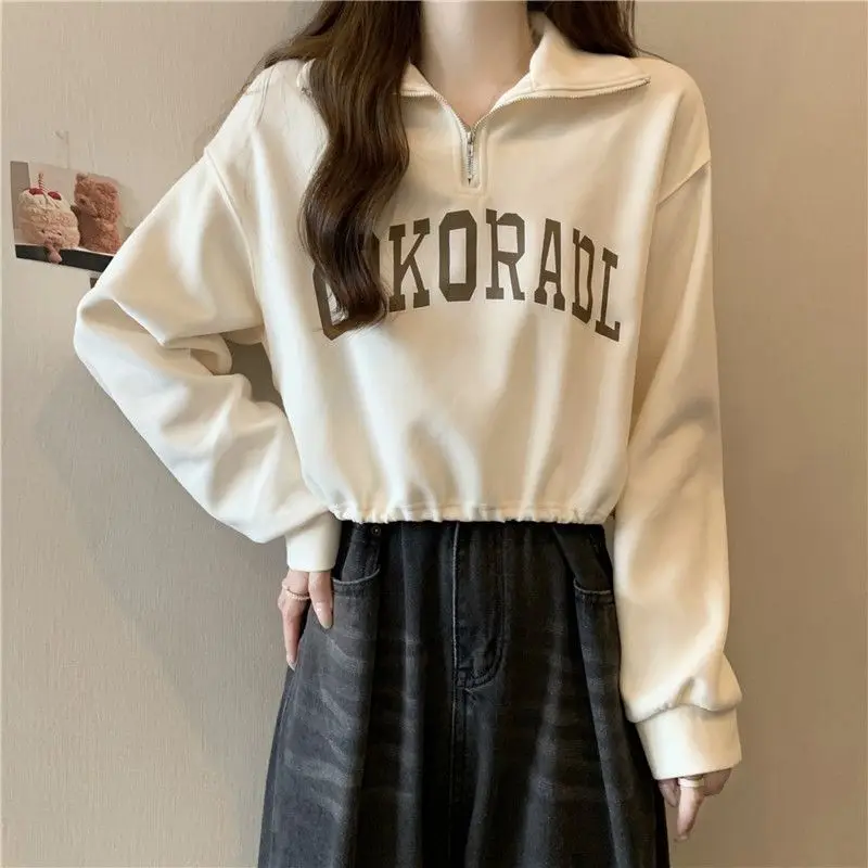 

Femme Spring Autumn Korean Fashion Printing Solid Color Stand-up Collar Pullovers Sweatshirts Simplicity Women Long Sleeve Tops