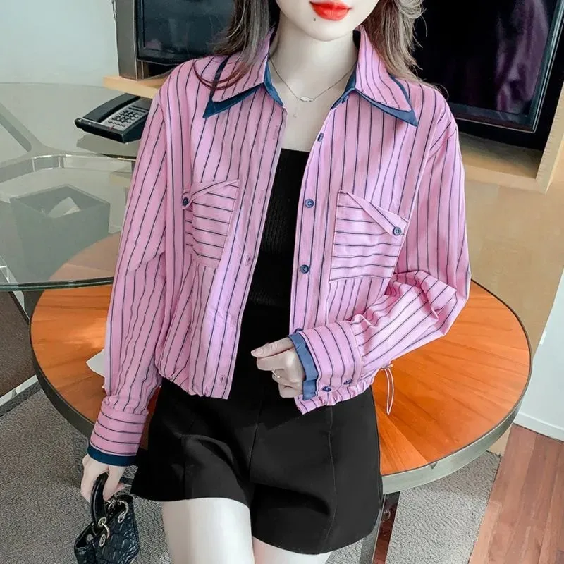 Jesienna damska koszula w paski z długim rękawem, luźny kardigan w stylu francuskim, krótki płaszczyk, bluzki.