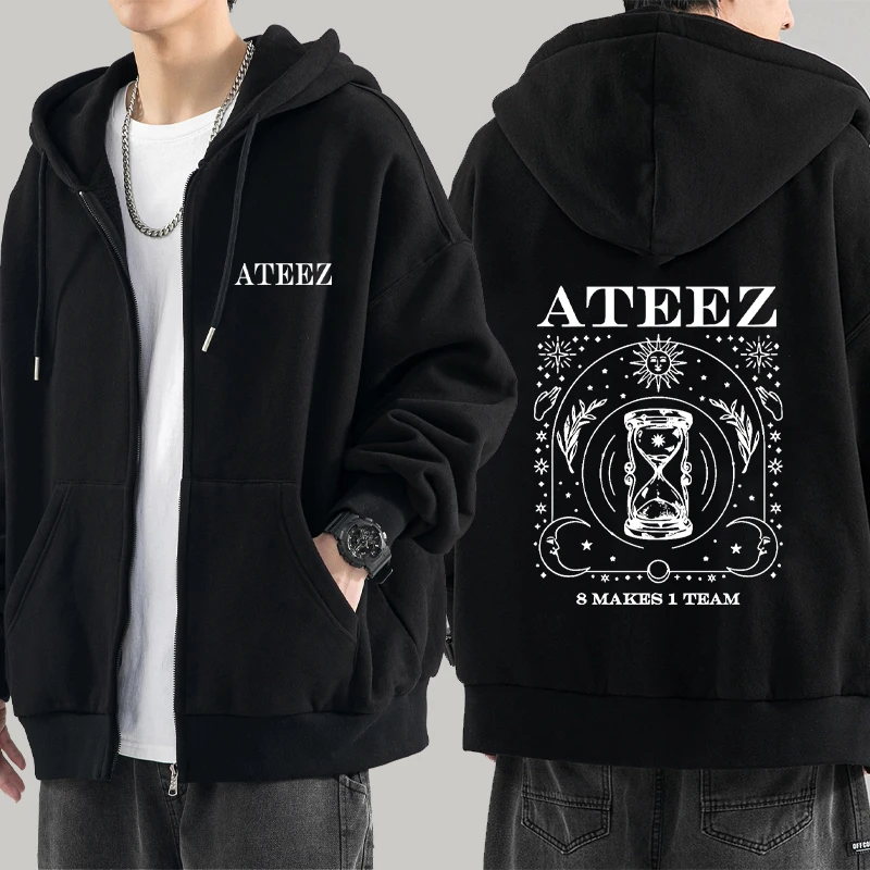 

2025 Kpop Ateez group 8 Makes 1 Team Music Tour printed Zipper Hoodie Men Women vintage Sweatshirt Fleece Jacket pullover Unisex