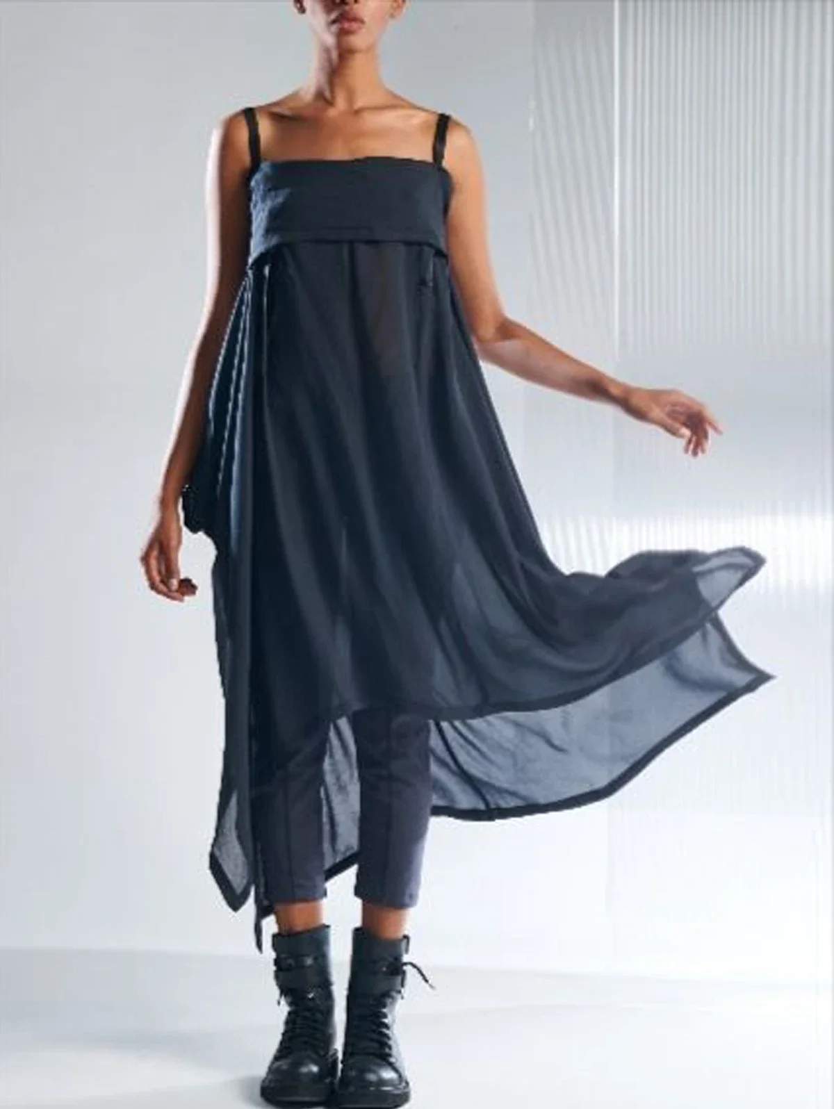 Casual Plain Cowl Neck Half Sleeve Asymmetrical Hem Midi Dress Sexy Pleated Tank Dress Summer Chiffon High Street Fashion Dress