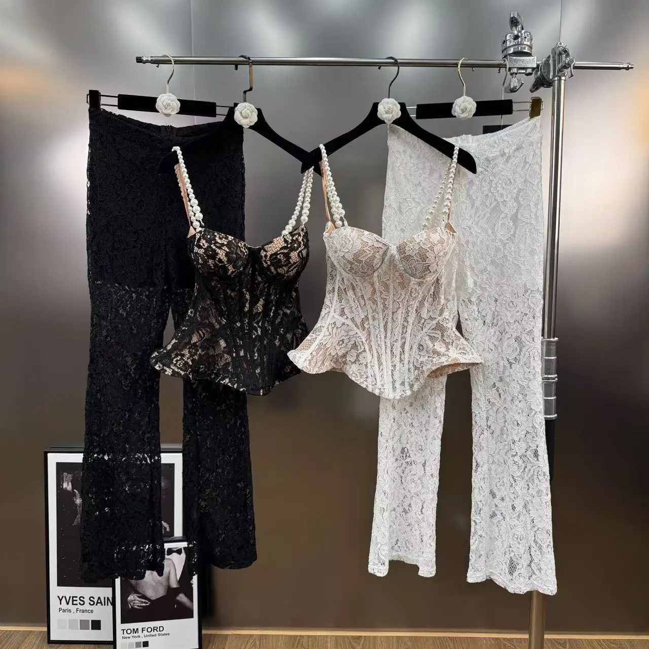 

Spring New Items Pearl Strap Puff Strap Camisole Slim Fit Lace Hollow Long Pants Two-Piece Set Women High Street Pant 2 Pcs Set