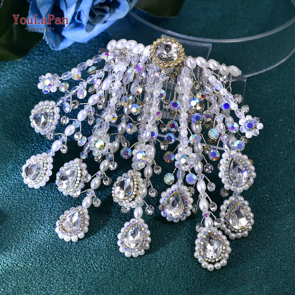 YoulaPan-Bling Pente De Cabelo De Cristal Para Mulheres, Headband De Casamento, Acessórios De Cabelo, Adorno De Casamento, Artesanal Frisado, HP716