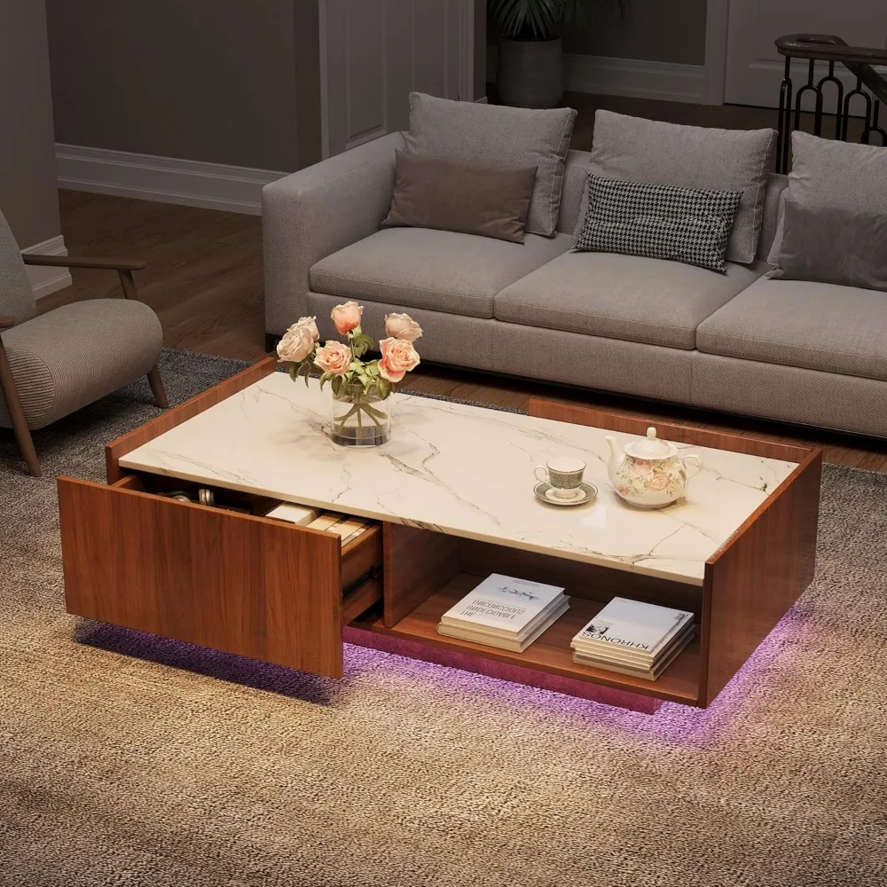 Mid Century Modern Coffee Table, 47.2" LED Rectangle Accent Center Table with 2 Sliding Drawers and Open Display Shelf