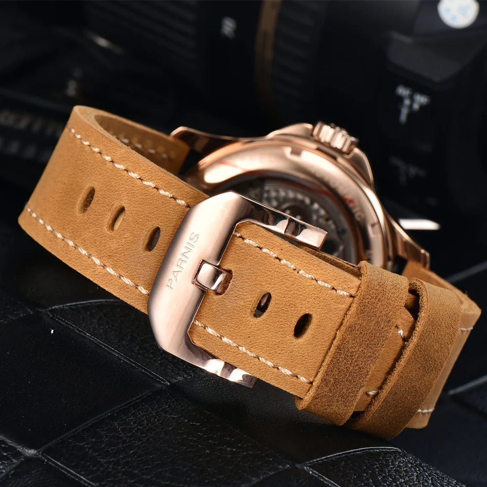 Fashion Parnis 44mm Rose Gold Case Automatic Men Watch Mechanical Power Reserve Sports Man Watches Luxury reloj para hombre 2023