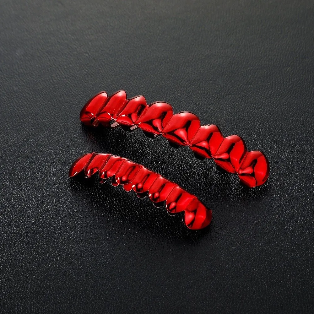 1Pcs/Set Glossy Finish Red Mirror Hip Hop Grillz Set Halloween Jewelry Eco-friendly Copper 8 Teeth Top Bottom Grills Shiny Punk
